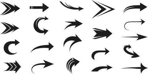 A collection of 20 black arrow icons on a transparent background