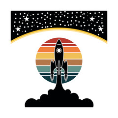 Retro Space Rocket Launch Silhouette against Vintage Sunset Circle and Starry Sky Background