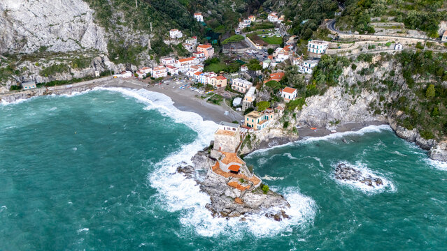 Drone aerial view of Erchie small Amalfi Coast village