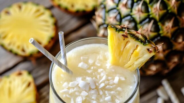 Refreshing pineapple smoothie preparation with coconut shavings on rustic wooden table