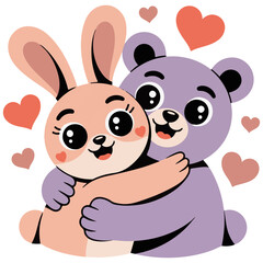 Cute Bunny and Bear Hugging with Hearts Valentine Cartoon Illustration Isolated on Transparent Background