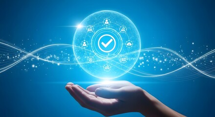 Illustration of human hand holding glowing digital sphere with checkmark symbol representing successful quality assurance or secure digital verification concept