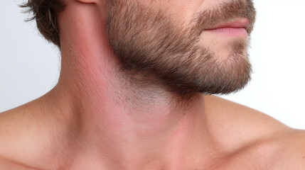 Obraz premium Red irritated skin on male neck close up natural warm tone healthy blush beard facial hair white background