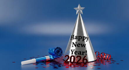 Image of a metallic party hat with "Happy New Year! 2026" text, noisemaker, red confetti, on blue surface, representing upcoming celebration, festivity