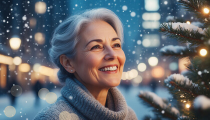 A beautiful middle-aged woman in winter on the background of a Christmas tree.