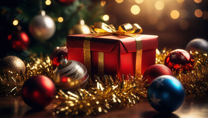 Beautiful New Year's background with gifts, Christmas balls and tinsel.