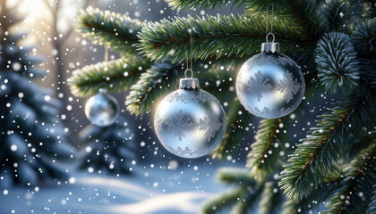 New Year's card with Christmas balls on the tree.