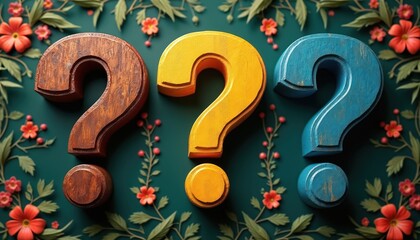 Three dimensional question marks in wood yellow and blue hues emerge from a dark green floral background. Symbols represent queries, unknowns, and challenges.