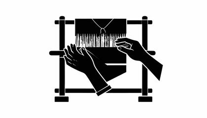 Illustration of hands weaving fabric on a loom, showcasing the craft of textile production.