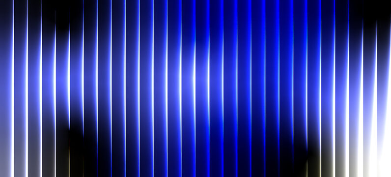 neon blue glass stripes, abstract blue white vertical light bars background on black. Sharp ribbed distortion, cinematic glow; futuristic texture background, vector illustration