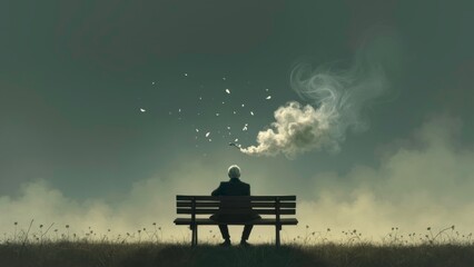 A solitary silhouette on a cloud bench, gazing at the misty clouds