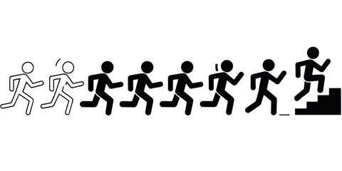 Minimalist black stick figure running sequence.  dynamic poses, geometric design, progressive stride, climbing stairs, seamless horizontal animation, clean vector illustration. Transparent background.