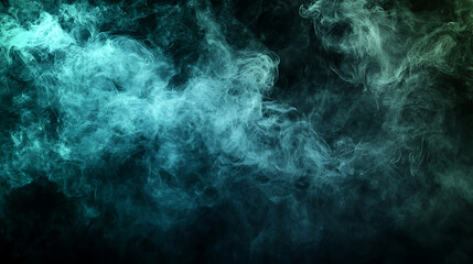 Abstract swirling teal and green smoke cloud texture with artistic motion and atmospheric depth
