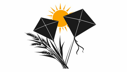 Vector graphic of kites, wheat and sun for Makar Sankranti festival.