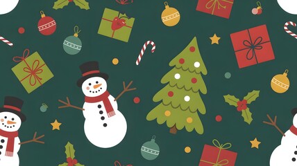 A cheerful holiday pattern featuring festive snowmen, christmas trees, and gift decorations