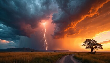 Dramatic thunderstorm unleashes lightning bolt over grassy field near mountains. Intense storm clouds with orange and grey hues fill the sky above a lone tree and a winding dirt road.