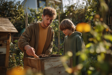 Home gardening scene with father and child planting together in backyard garden.