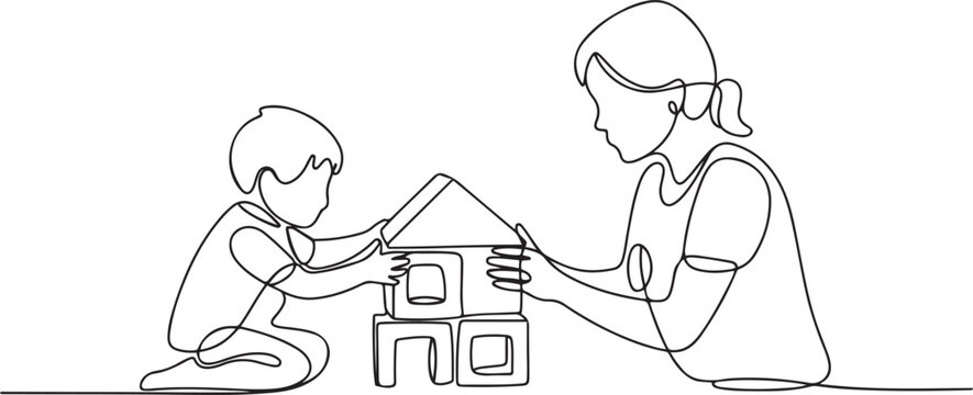 One single line drawing of young mom playing with her son building a house from foam puzzle block toy, parenting vector illustration. Happy family playing together concept. one line Icon drawing