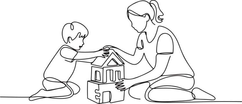 One single line drawing of young mom playing with her son building a house from foam puzzle block toy, parenting vector illustration. Happy family playing together concept. one line Icon drawing