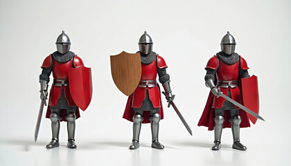 Three toy knights in shiny red armor stand in a line holding swords and shields. They look ready for battle on white background. Miniature figures represent warriors.