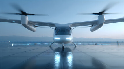 White eVTOL aircraft, an aerial taxi, on a helipad with landing lights. Future urban air mobility concept. Electric vertical take off and landing aircraft.