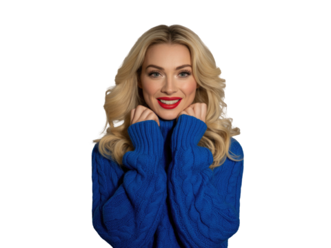 Woman smiling in blue sweater isolated on transparent background - Powered by Adobe