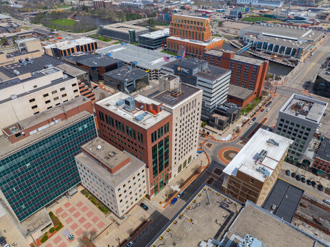 Lansing historic city center aerial view on W Michigan Avenue near Capitol building in downtown Lansing, Michigan MI, USA. 