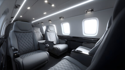 Interior view of luxury private jet cabin with comfortable grey leather seats and large windows. Business class travel for executive passengers.