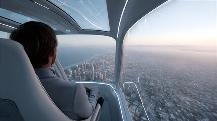 Man enjoying scenic city view from a futuristic eVTOL aircraft cabin. Aerial taxi passenger experience. Urban air mobility concept.