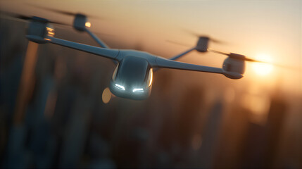 Futuristic eVTOL aircraft flying against city skyline at sunset. Urban air mobility concept for drone transportation and aerial taxi.