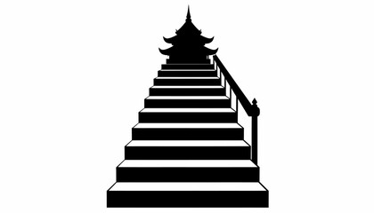 Silhouette of a stairway leading to a pagoda on a white background.
