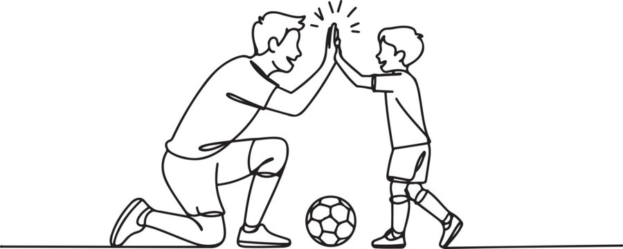 One line drawing of young happy father bow his body to give high five gesture to his boy while playing soccer on football court. Parenting concept. one line Icon drawing