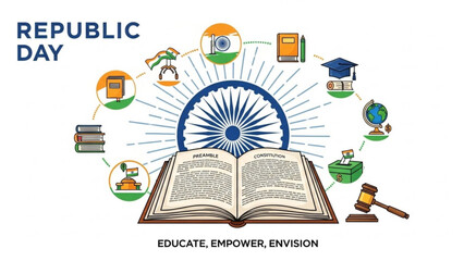 Republic day india, education and empowerment concept with book, gavel, graduation cap, globe, and indian flag elements
