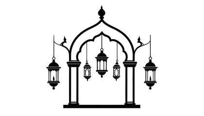 Elegant Islamic Archway with Hanging Lanterns Vector Illustration.