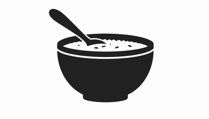 Black and white vector illustration of a bowl with porridge and spoon.