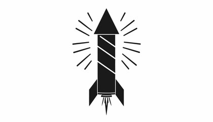 Illustration of a stylized black and white fireworks rocket on white background.