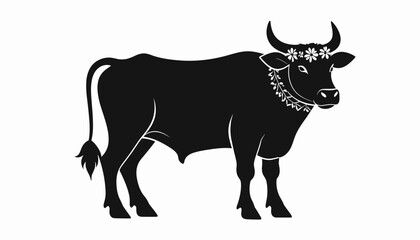 Stylized black bull with flower crown on a white background.