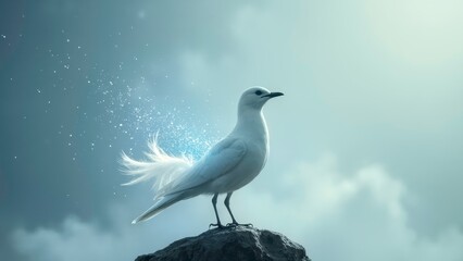 The silver gull in the clouds spreads its wings and stands on the top of the stone