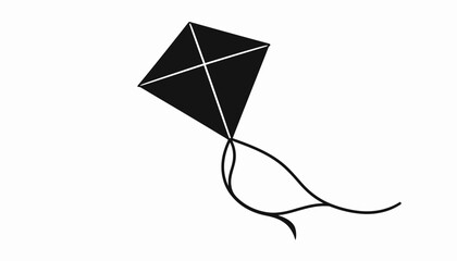 A simple black and white illustration of a kite flying in the wind.