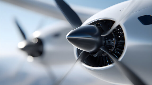 Close up of an eVTOL aircraft propeller and engine, part of an aerial taxi concept for urban air mobility.