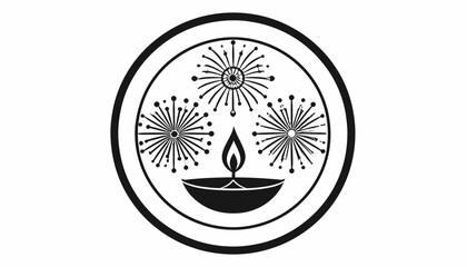 Diwali festival vector illustration with candle and fireworks in circle.