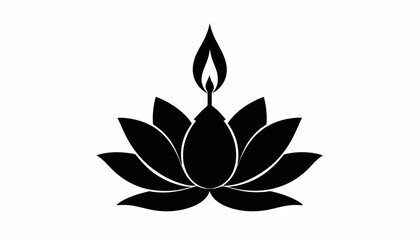 Black and white vector illustration of a lotus flower with a candle flame.