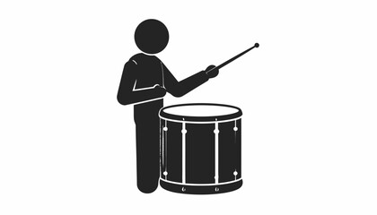 Illustration of a stick figure playing a drum with a drumstick.
