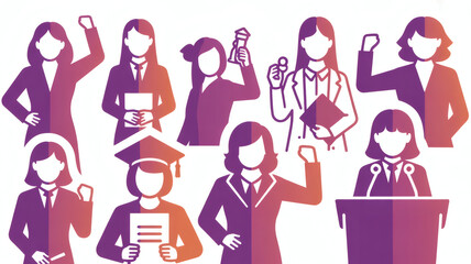 Collection of female silhouettes in business suits celebrating success and professional leadership