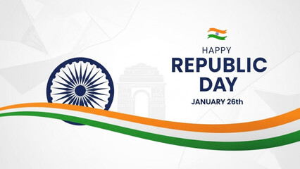 Indian republic day celebration with ashoka chakra and tricolor ribbon on white background