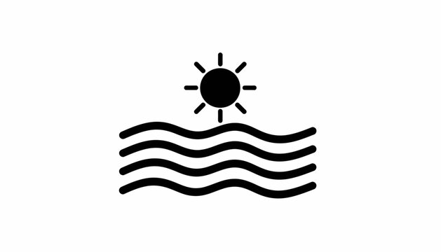 Stylized sun over water waves icon in black and white.