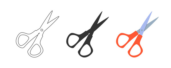 Three Scissors Designs: Black Outline, Solid Black, and Orange Handle. Minimalist Craft and DIY Illustrations for Education and Graphic Projects