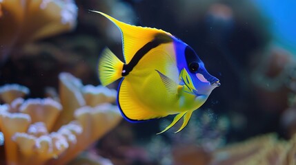 Fototapeta premium Exquisite Angelfish: Vibrant Tropical Freshwater & Marine Species with Stunning Color Patterns, Elegant Fins, and Graceful Swimming Style – Ideal for Aquarium Enthusiasts, Hobbyists