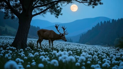 The deer's body stands still among the white fluff in the moonlit forest