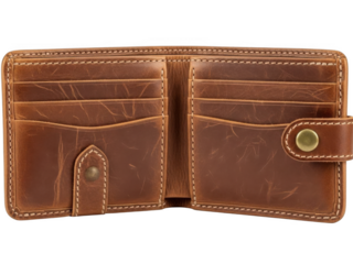 Brown leather wallet with multiple card slots isolated on transparent background